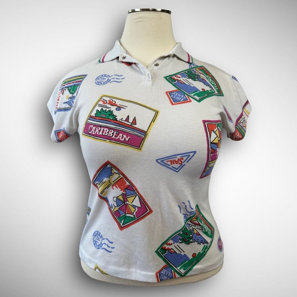 Vtg 80s Postcard Print Women's Shirt L Koret Vacation Polo Fitted Cruise Travel